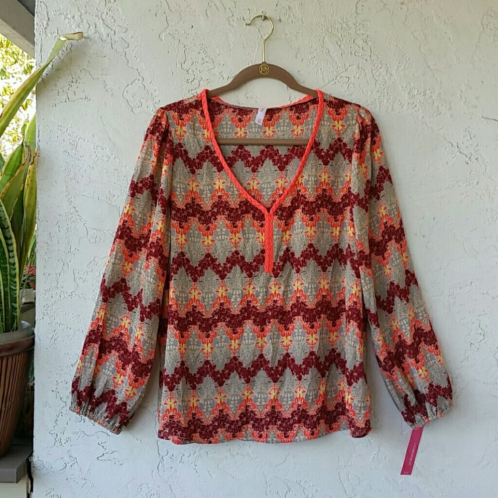 Patterned Blouse w/ Braided Neckline